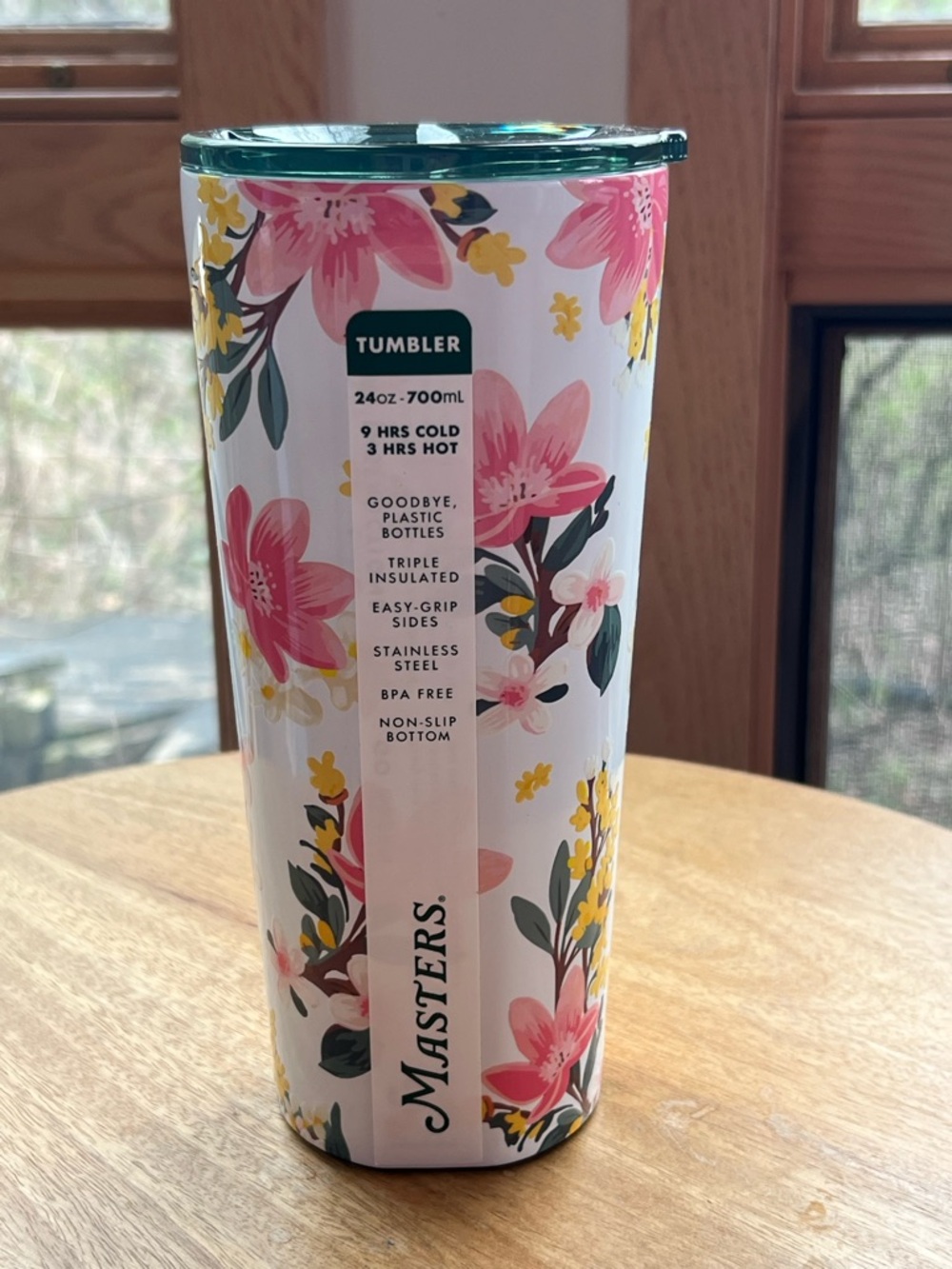 Floral Pink & Yellow Insulated Travel Tumbler - White Background - Picture 2 of 3